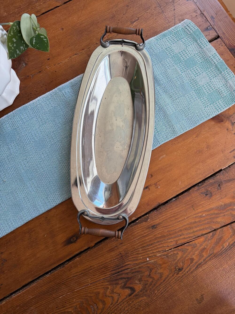 VTG Midcentury Tray Coffee Table Catchall Dish MCM Chrome Metal Tray Wood Handle
